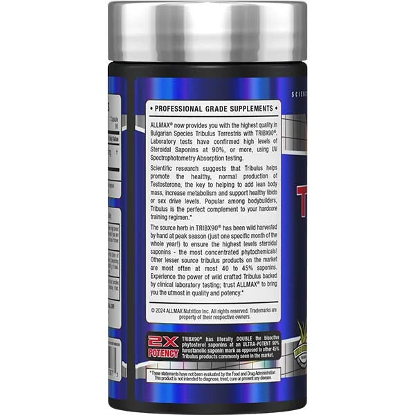 Allmax TribX90 90 капсули - страничен изглед на бутилката