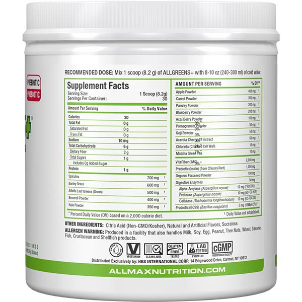 AllMax Allgreens+ заден изглед на опаковката с лимон лайм