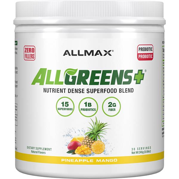 AllMax Allgreens+ преден изглед на опаковката с вкус ананас манго