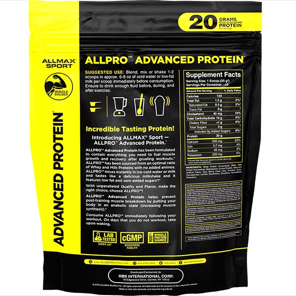AllMax Nutrition Allmax ALLPRO: Advanced Protein преден изглед на тъмна опаковка с вкус Ванилия