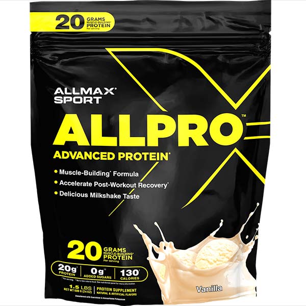 AllMax Nutrition Allmax ALLPRO: Advanced Protein преден изглед на тъмен контейнер с вкус Шоколад