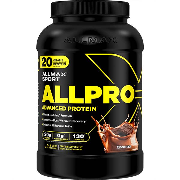 AllMax Nutrition Allmax ALLPRO: Advanced Protein заден изглед на тъмен контейнер с информация за продукта