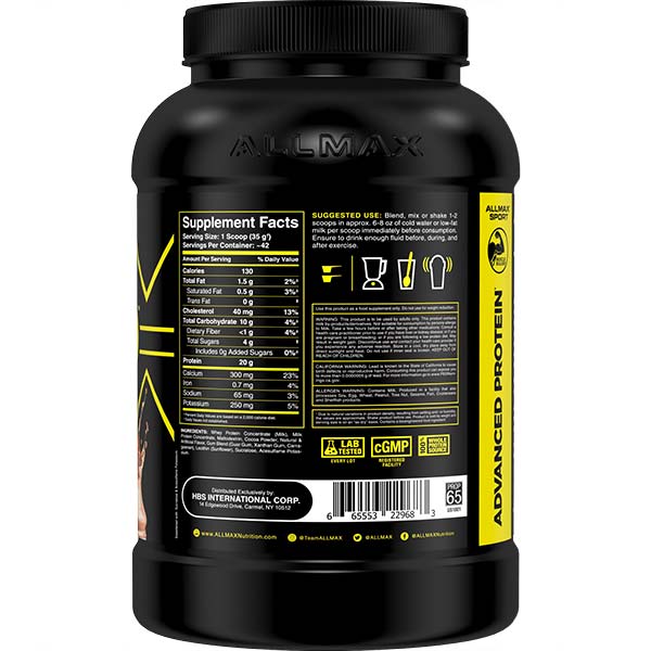 AllMax Nutrition Allmax ALLPRO: Advanced Protein заден изглед на контейнер с информация за продукта и етикет