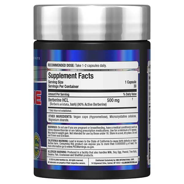 AllMax Berberine HCL гръб на опаковката с препоръки за употреба