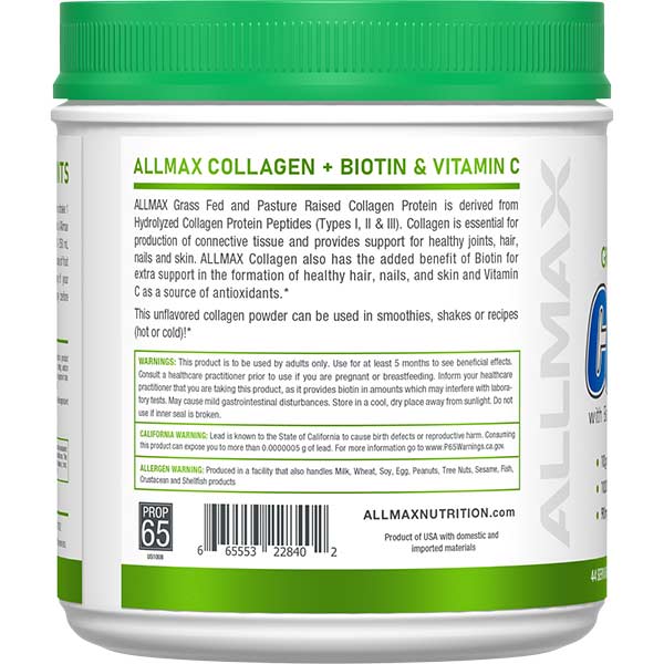 AllMax Nutrition Allmax Collagen Peptides Powder + Vitamins, гръб на опаковката