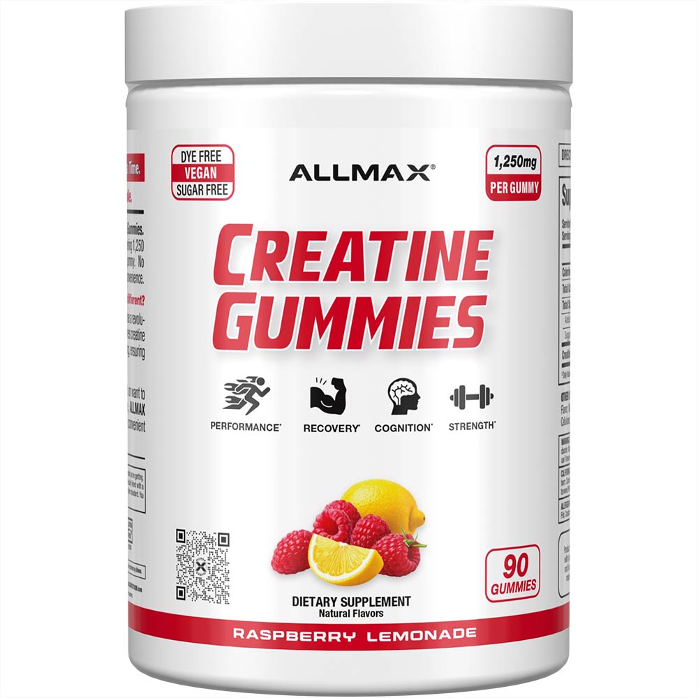 AllMax Nutrition Allmax Creatine Gummies, преден изглед с аромат малина и лимон
