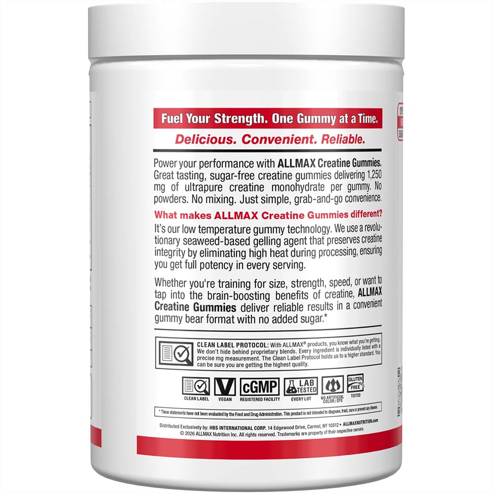 AllMax Nutrition Allmax Creatine Gummies, етикет за аромат малина и лимон