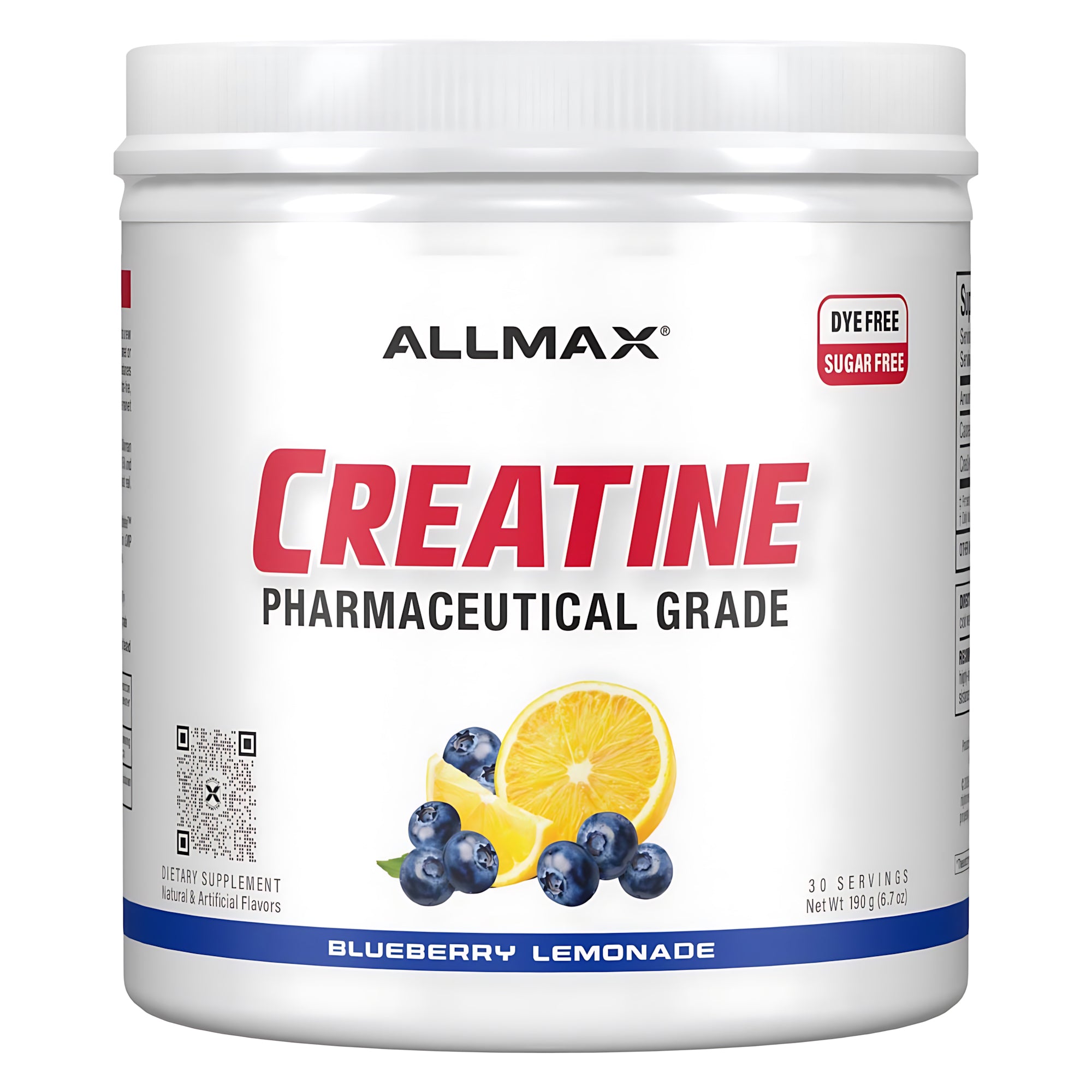 AllMax Nutrition Allmax Flavored Creatine Monohydrate Powder, задна страница с хранителна таблица и инструкции