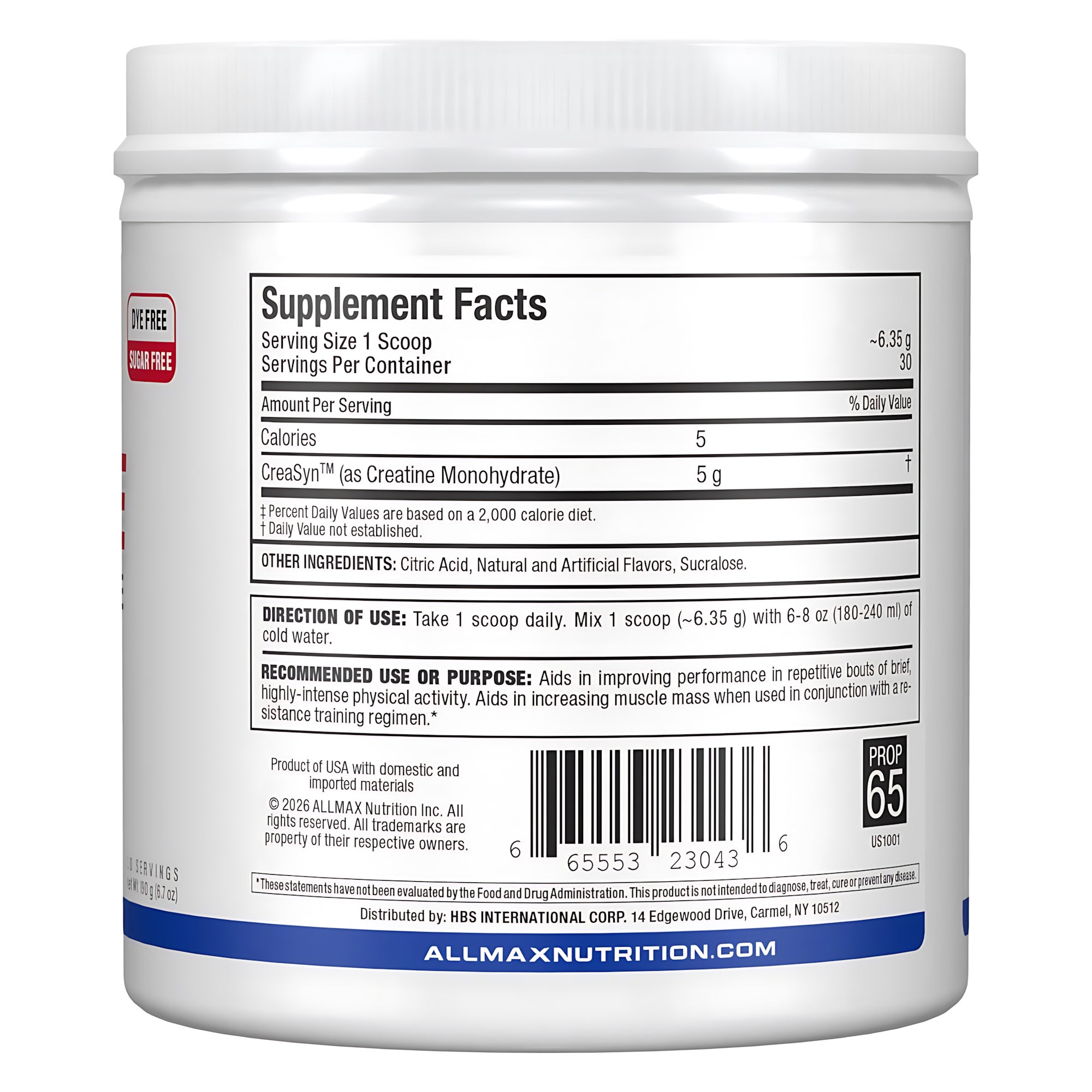 AllMax Nutrition Allmax Flavored Creatine Monohydrate Powder, задна страница с професионални данни за качеството