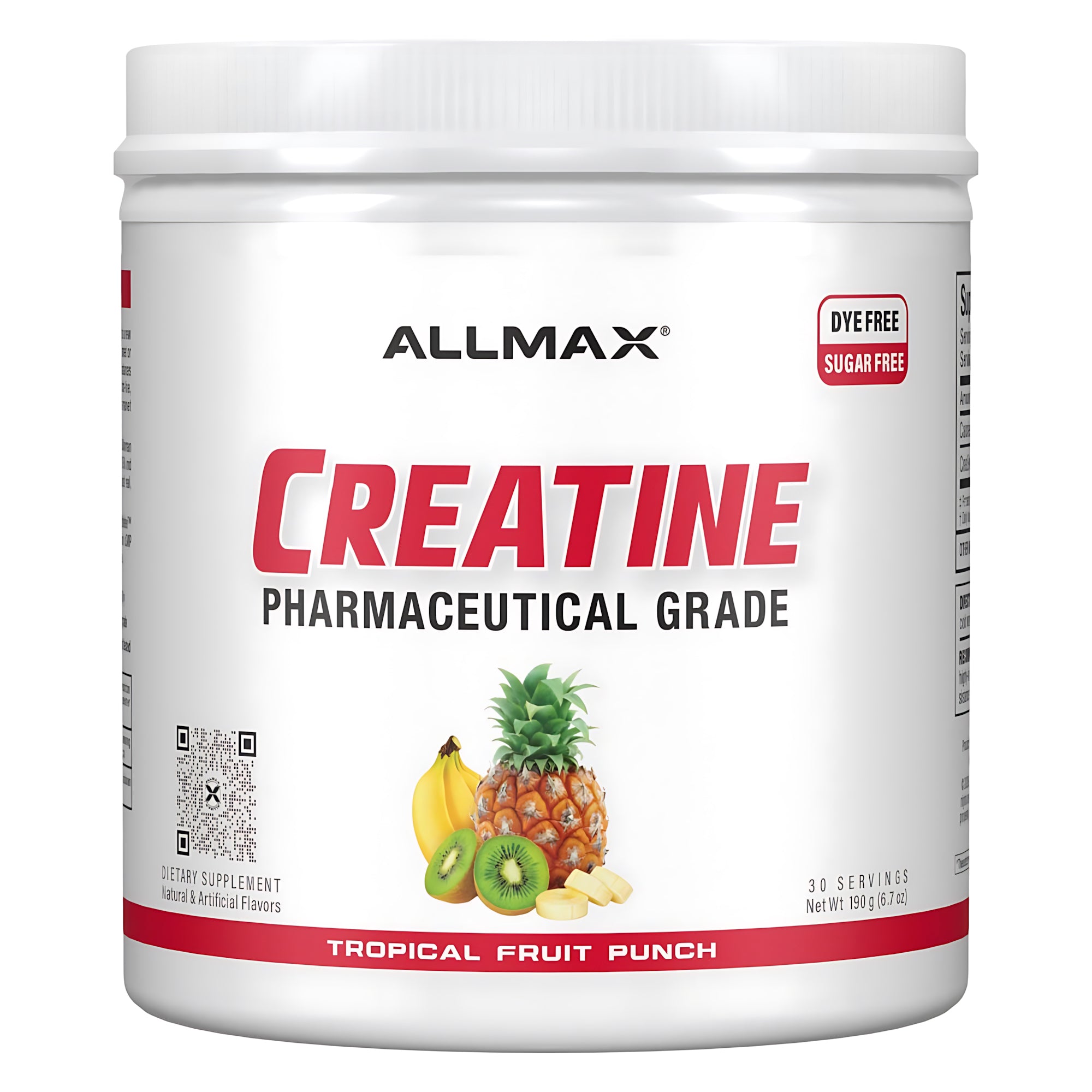 AllMax Nutrition Allmax Flavored Creatine Monohydrate Powder, задна страница с хранителна таблица и инструкции за вкус Tropical Fruit Punch