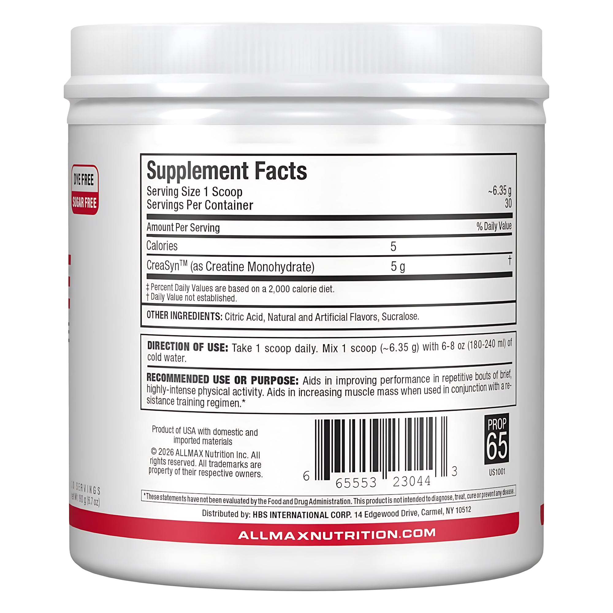 AllMax Nutrition Allmax Flavored Creatine Monohydrate Powder, задна страница с професионални данни за качеството за вкус Tropical Fruit Punch