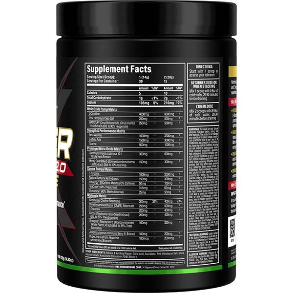 AllMax Nutrition Impact Igniter Xtreme 2.0, заден изглед на етикета