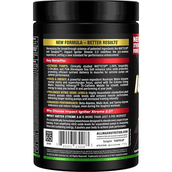 AllMax Nutrition Impact Igniter Xtreme 2.0, страничен изглед на етикета