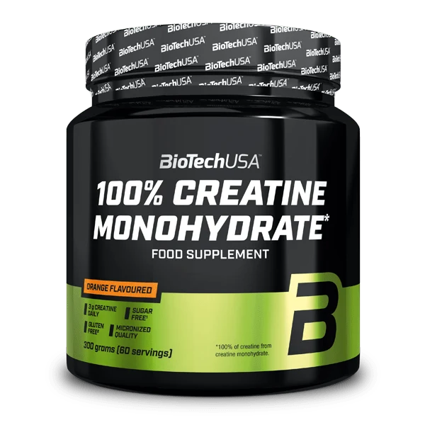 Опаковка BioTech USA 100% Creatine Monohydrate във вкус Orange на бял фон