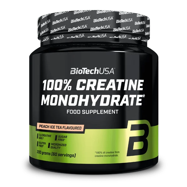 Опаковка BioTech USA 100% Creatine Monohydrate във вкус Peach Ice Tea на бял фон