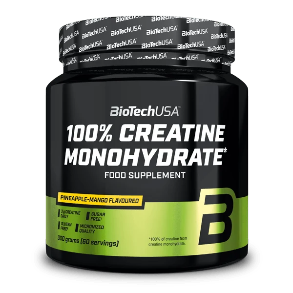 Опаковка BioTech USA 100% Creatine Monohydrate във вкус Pineapple-Mango на бял фон