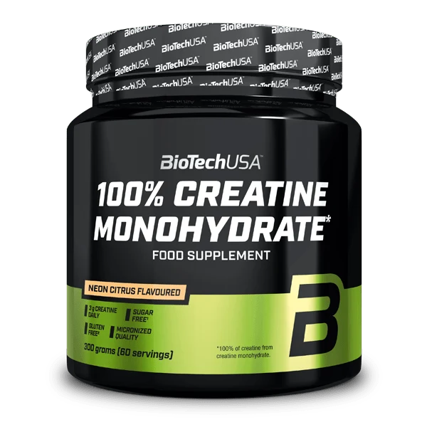 Опаковка BioTech USA 100% Creatine Monohydrate в вкус Neon Citrus на бял фон