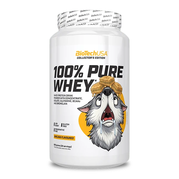 Опаковка на BioTech USA 100% Pure Whey 900g с вкус на баклава, показана отпред