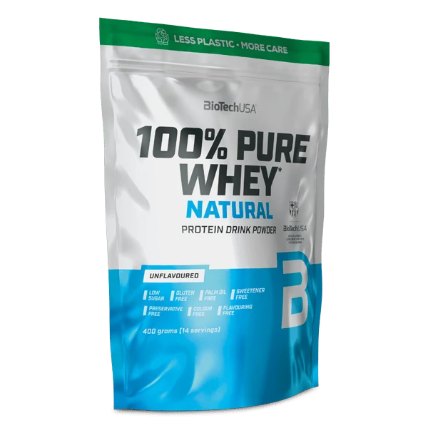 Опаковка на BioTech USA 100% Pure Whey Natural - 400 g, с логото на BioTech USA и надпис Natural