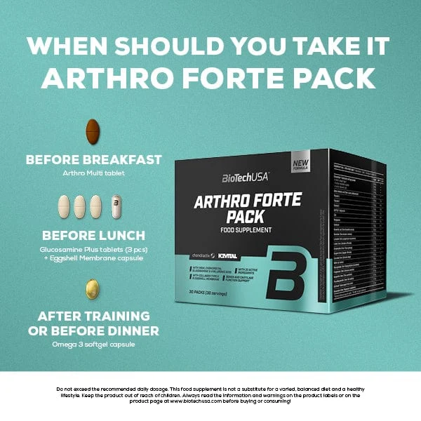 Близка снимка на отворена опаковка BioTech USA Arthro Forte Pack с видими индивидуални дневни сашета