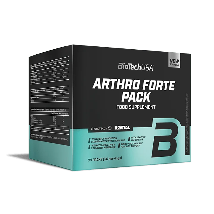 Опаковка на BioTech USA Arthro Forte Pack, показваща името на продукта и броя дози (30 pack)