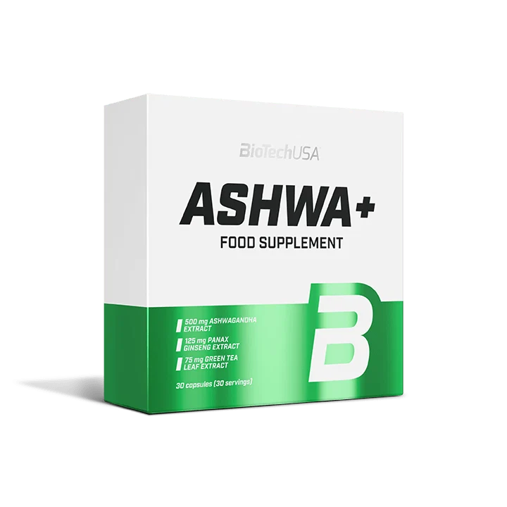 Опаковка на BioTech USA Ashwa+ с 30 мегакапсули, на преден план.
