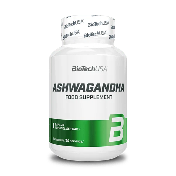 Опаковка BioTech USA Ashwagandha - 60 капсули, бяла кутия с лилави акценти, показваща името на продукта и марката.