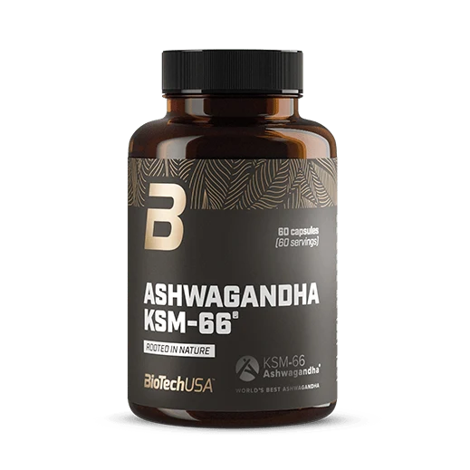 Опаковка BioTech USA Ashwagandha KSM-66® с 60 капсули, на бял фон