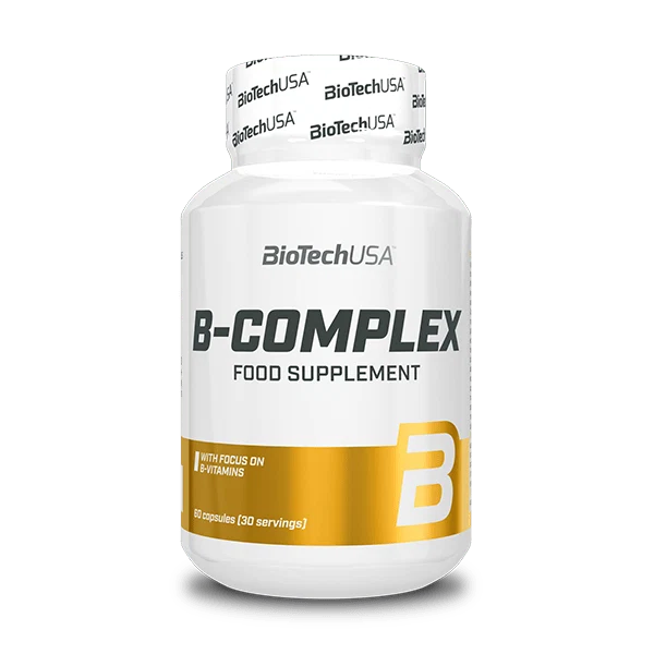 Опаковка на BioTech USA B-Complex с 60 капсули на бял фон