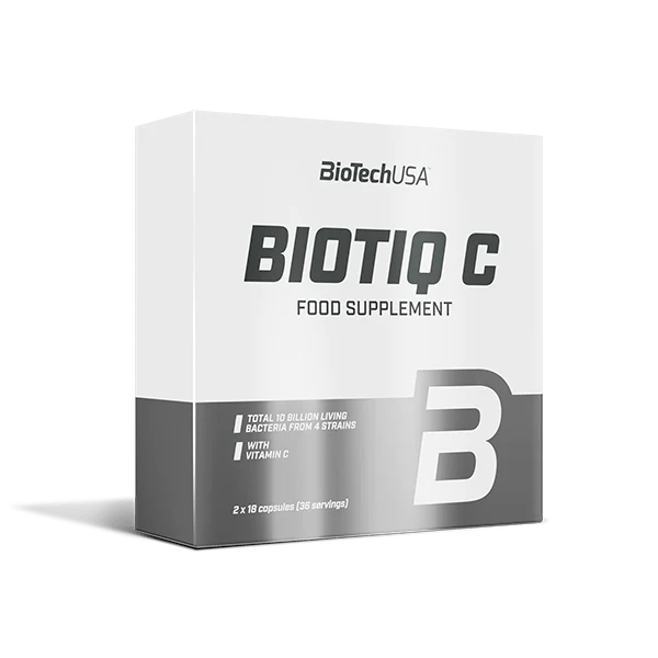 Опаковка BioTech USA Biotiq C с 36 капсули, показваща името на продукта и марката