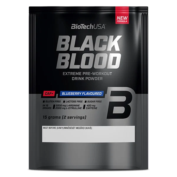 Опаковка на BioTech USA Black Blood CAF+ с обозначен вкус боровинка, 15 грама