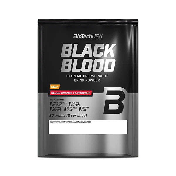 BioTech USA Black Blood NOX+ саше в насипен вид, показващо прахообразната консистенция и марката