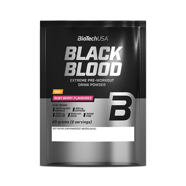 Илюстрация на BioTech USA Black Blood NOX+ саше с логото на марката и информация за продукта