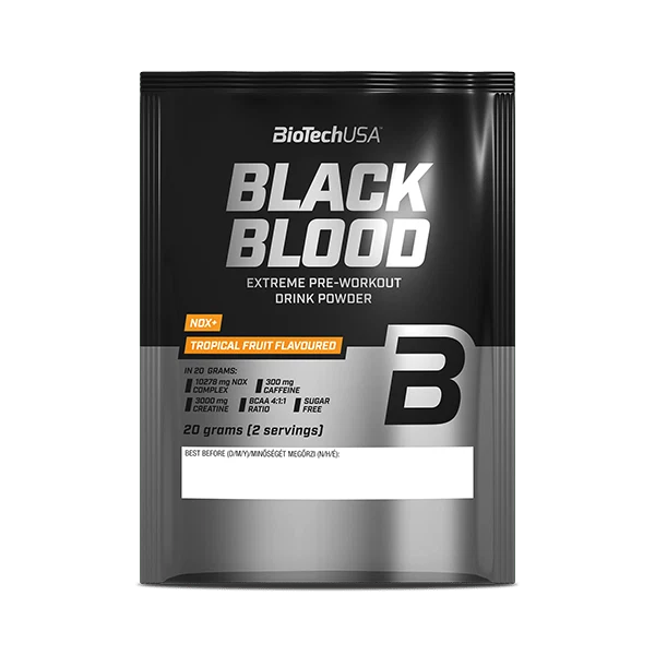 BioTech USA Black Blood NOX+ предтренировъчна добавка, опаковка от 20 грама, с акцент върху енергията