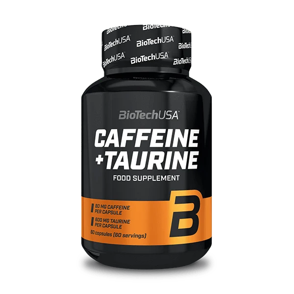 Опаковка на BioTech USA Caffeine + Taurine - 60 капсули, черно-зелен дизайн, с логото на BioTech USA и надписи за съдържанието на кофеин и таурин.