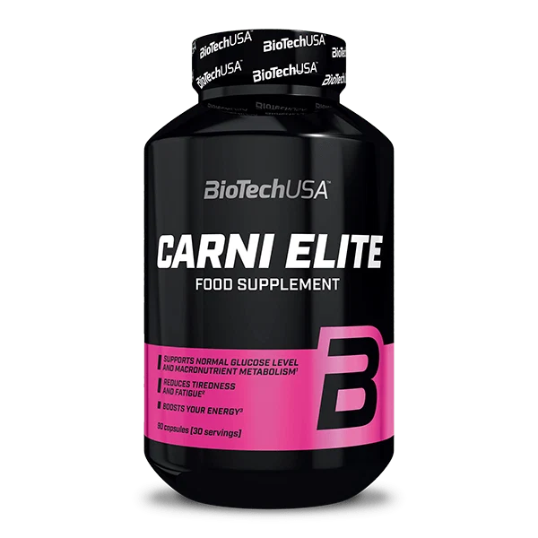 Опаковка на BioTech USA Carni Elite с 90 мегакапсули, на бял фон, показваща името на продукта и марката.