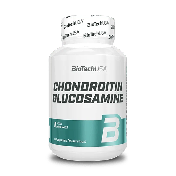 Опаковка на BioTech USA Chondroitin Glucosamine с 60 капсули, показваща логото на марката и основните съставки.