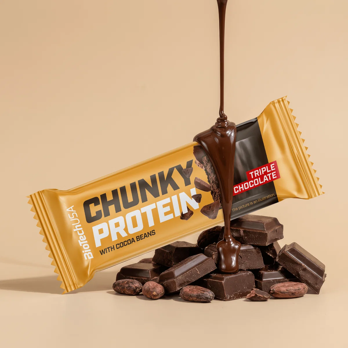 Група от четирите различни вкуса BioTech USA Chunky Protein Bar, подредени заедно