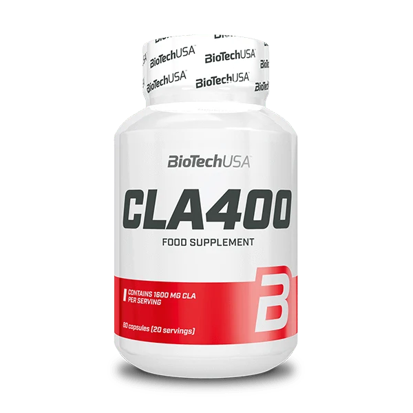 Опаковка на BioTech USA CLA 400 с 80 софтгел капсули на бял фон