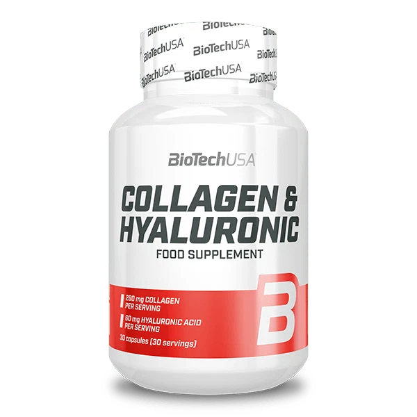 Опаковка BioTech USA Collagen & Hyaluronic с 30 капсули, на бял фон, с логото на Sport-Zona