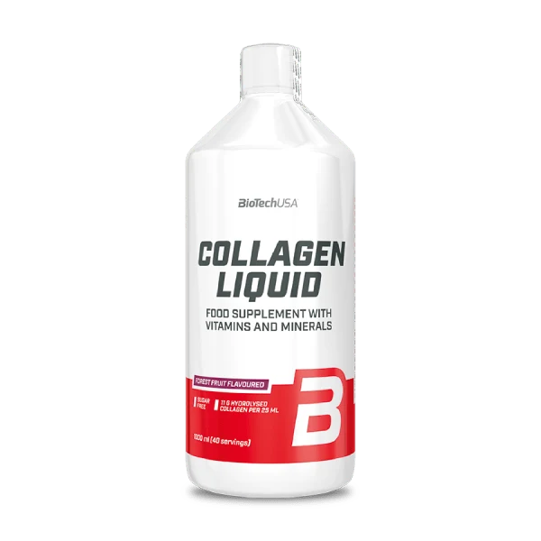 BioTech USA Collagen Liquid в контекст – бутилка до чаша с течност и плодове, асоцииращи вкусовете