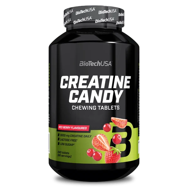 BioTech USA Creatine Candy - 240 дъвчащи таблетки с вкус на ягода, показани в опаковка