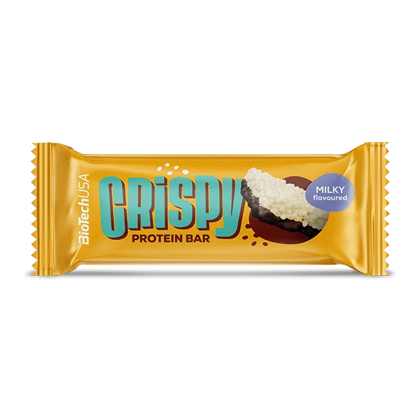 BioTech USA Crispy Protein Bar - 40 g milky, опаковка с логото на BioTech USA и изображение на млечен хрупкав бар