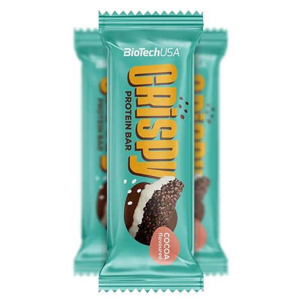 Близък план на текстурата на BioTech USA Crispy Protein Bar с какао, подчертаващ хрупкавите парченца