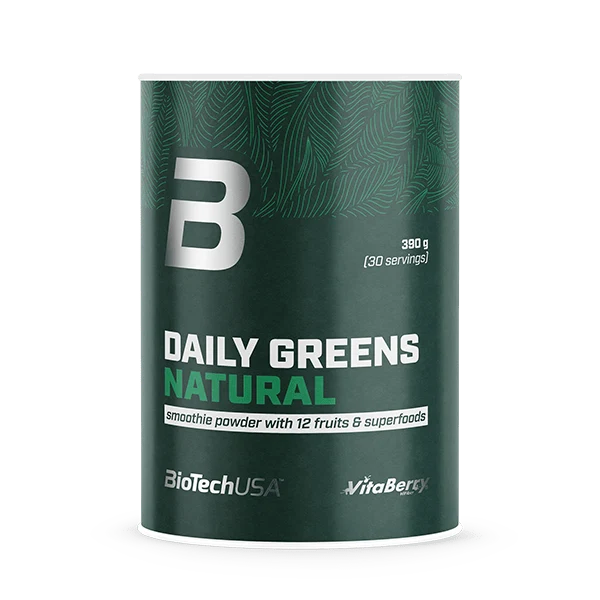 Опаковка на BioTech USA Daily Greens Natural 390g с етикет, показващ съставките и марката.