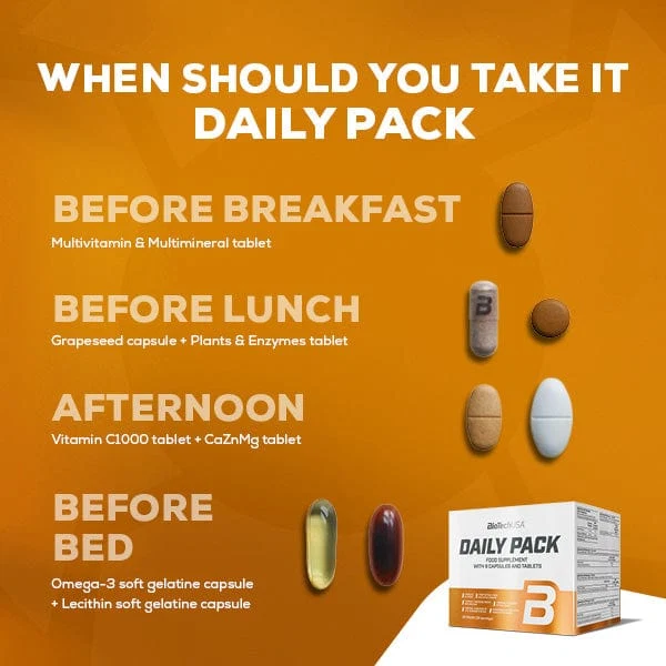 Близо до опаковката на BioTech USA Daily Pack, показваща марката и името на продукта