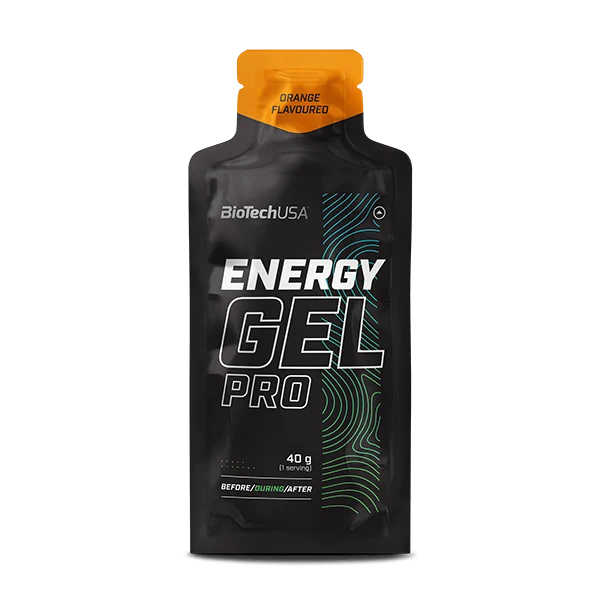 Опаковка на BioTech USA Energy Gel PRO с вкус на лимон, показваща логото на марката и основните характеристики на продукта.