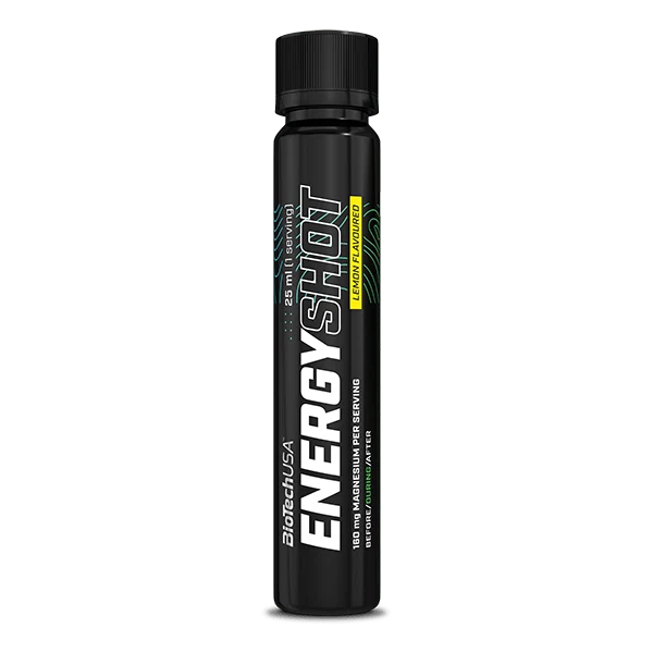BioTech USA Energy Shot - 25 ml, малка бутилка с червен етикет и капачка, за бърза енергия