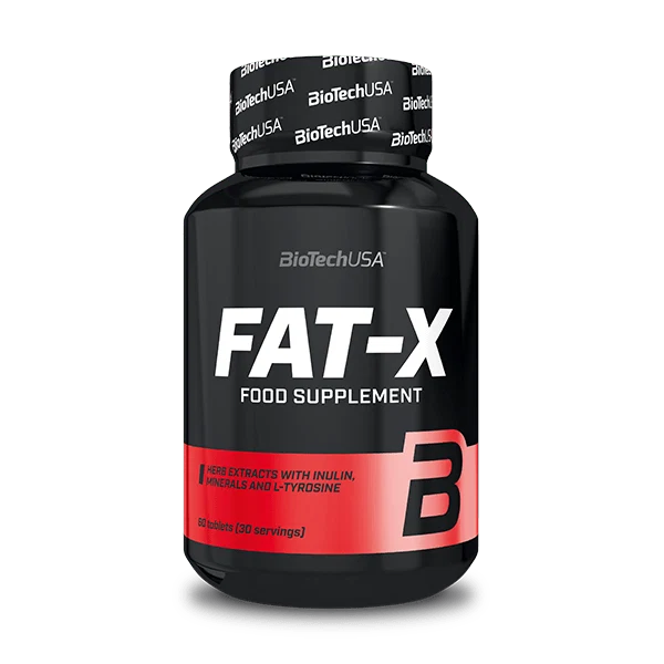 Опаковка на BioTech USA Fat-X с 60 таблетки, на преден план етикет с името на продукта и марката BioTech USA.