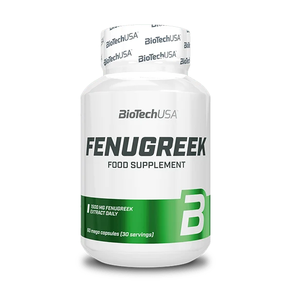Опаковка на BioTech USA Fenugreek с 60 мегакапсули и логото на марката